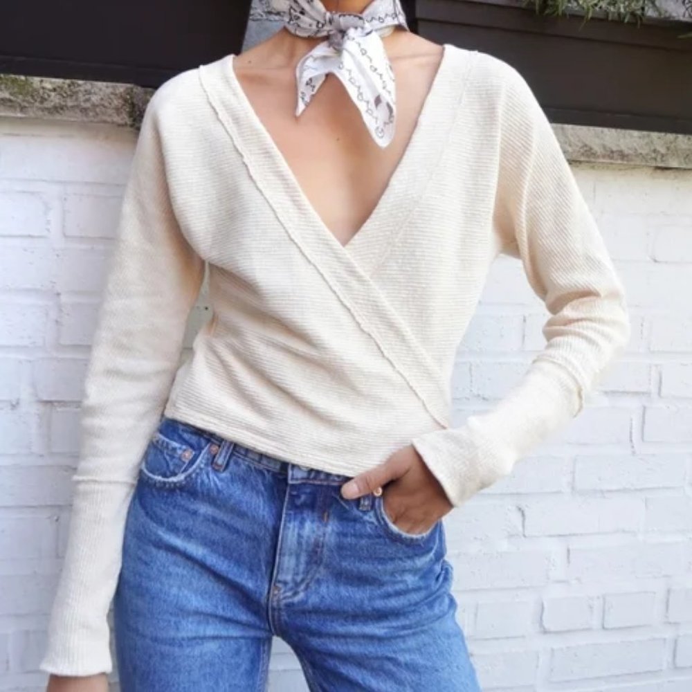 Lupine Cream Ribbed Faux Wrap Long Sleeve Tee